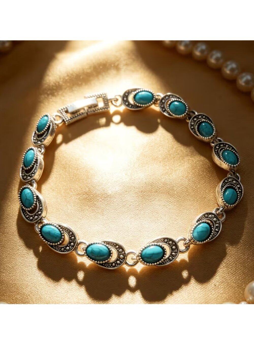 14K White Gold 7" Womens Natural Turquoise Gemstone Bracelet 14 K Silver Jewelry